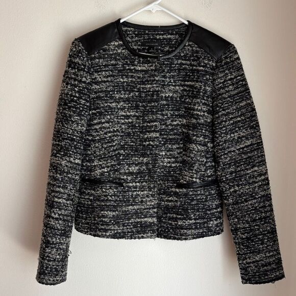 Ann Taylor Wool blend Tweed Day leather Black Gray cropped Blazer Womens 6 NWT - Picture 1 of 14